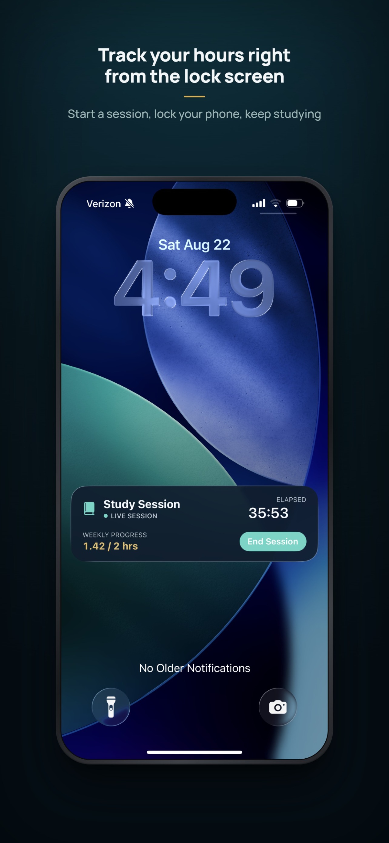 GreekHours study session running live on the phone lock screen.